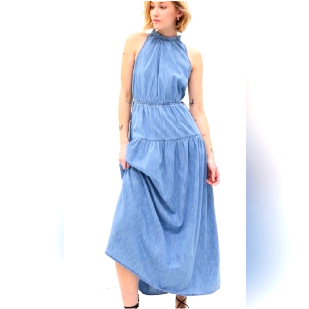 GAP 100% Cotton Whimsical Boho High Neck Denim Maxi Dress